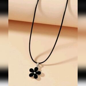 Black Flower Pendant Necklace with Silver Outline